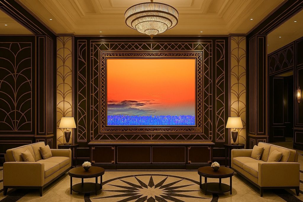 green-birds-in-front-of-an-orange-sky-lobby eines 5*-Hotels