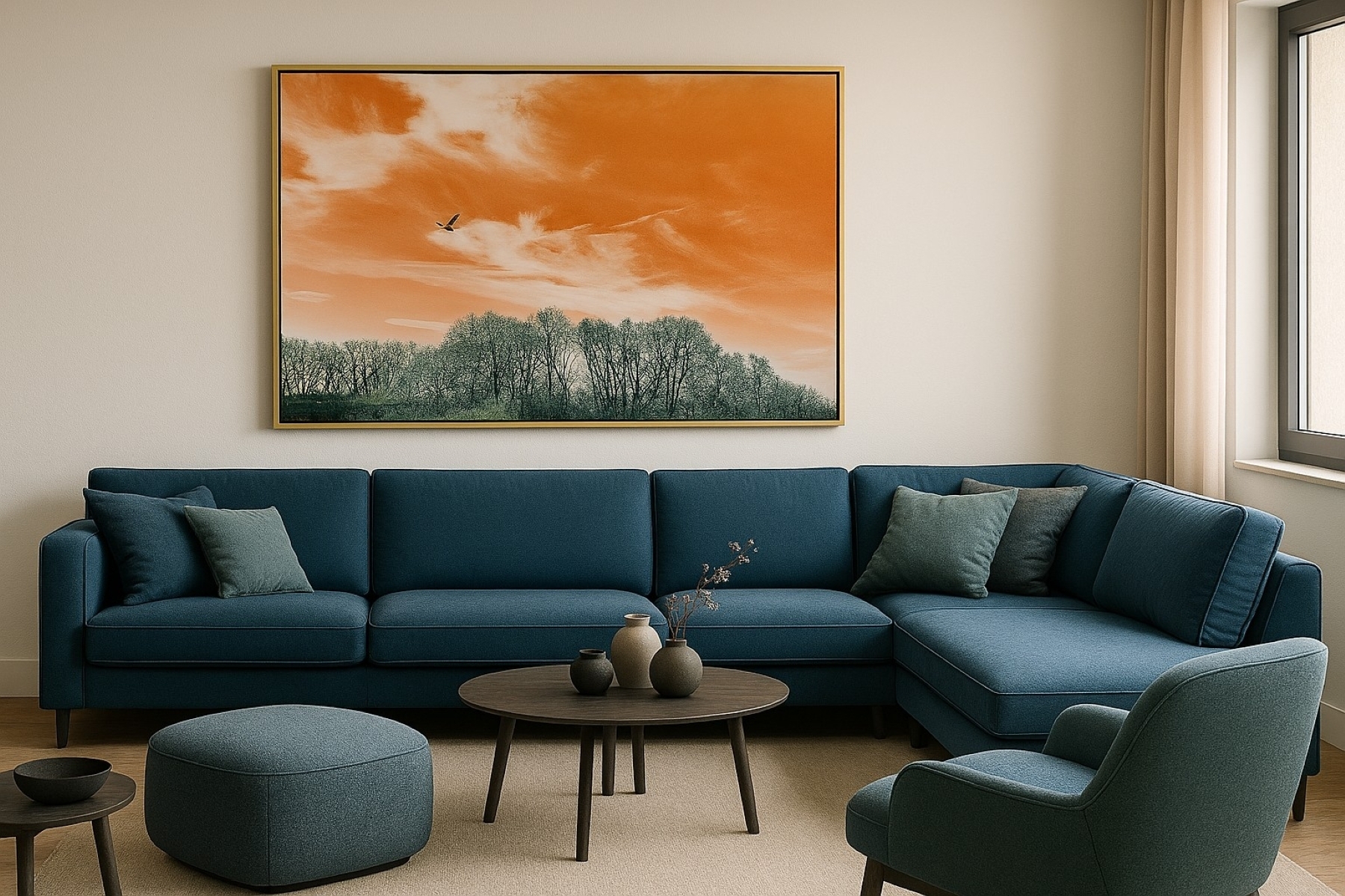 orange-clouds-with-bird-in-einem-wohnzimmer
